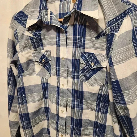Wrangler Men's Size M Pearl Snap Button Up Shirt Blue/White‎ Plaid W/Pockets - Picture 2 of 6